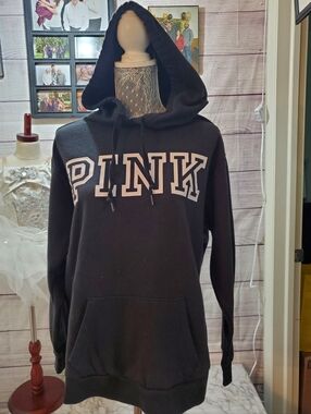 PINK Black Pullover Hoodie with White Logo